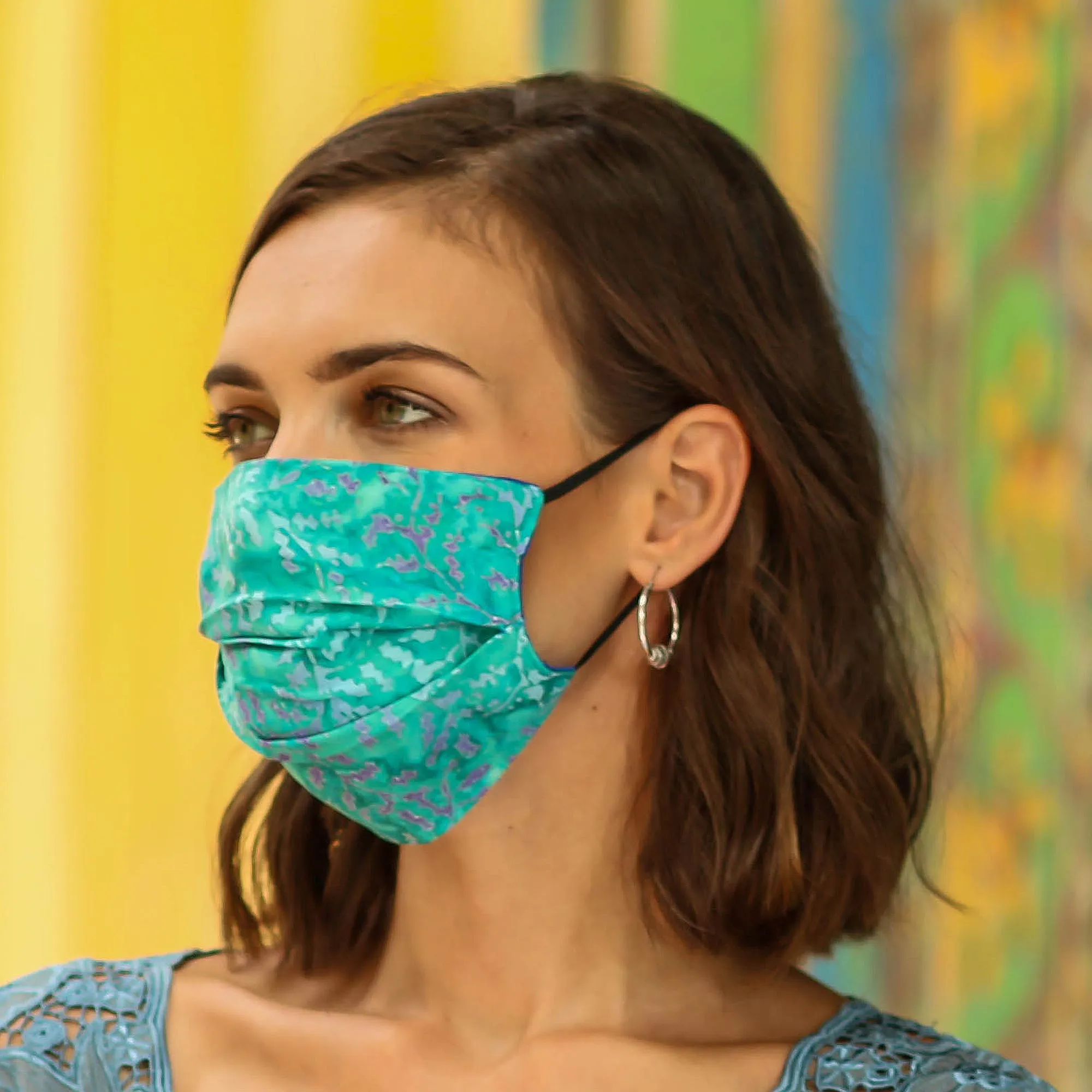 3 Handmade Blue-Pink-Red Rayon Batik Pleated Face Masks - Colorful Tropics | NOVICA