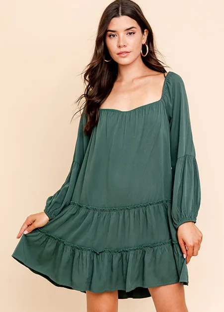 Blouson Sleeve Tiered Green Dress
