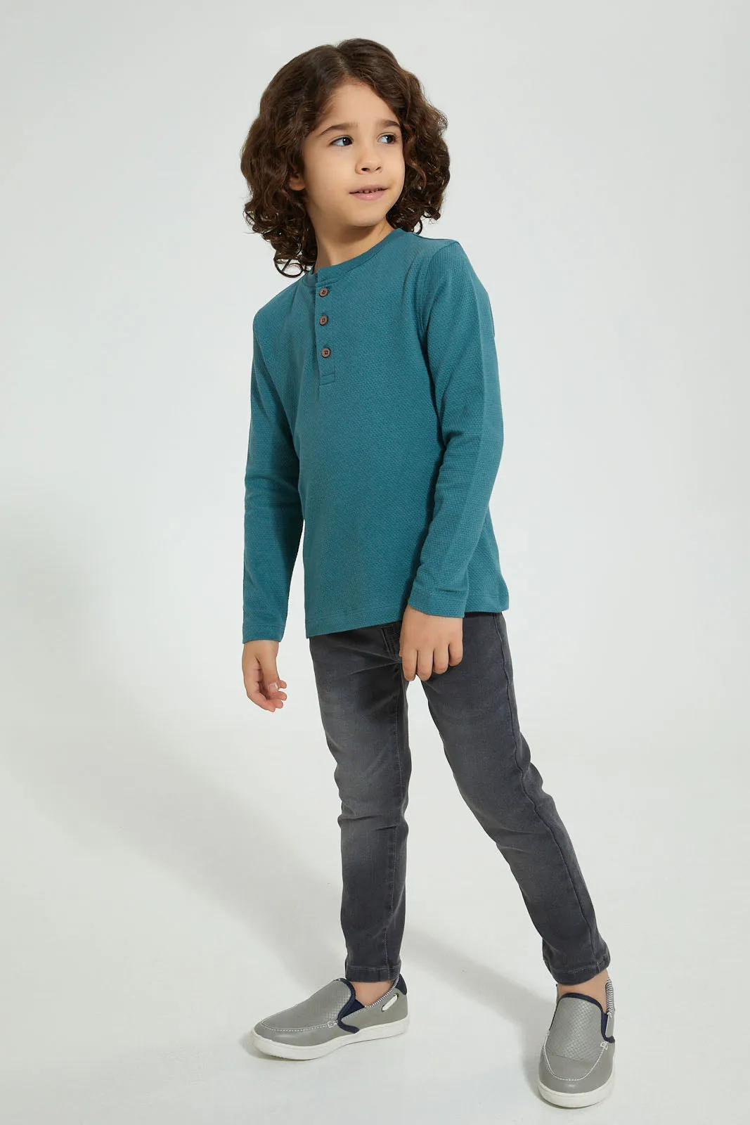 Blue Long Sleeved Henley T-Shirt