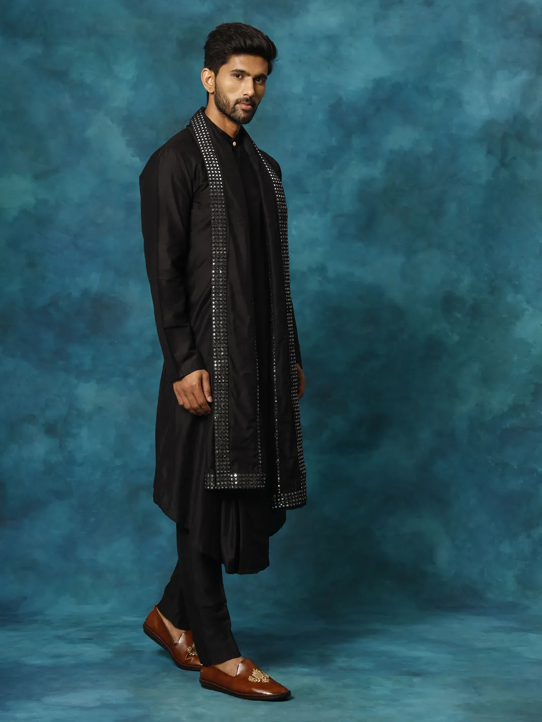 Jashvi Men's Black Pleated Kurta Pant With Dupatta Set