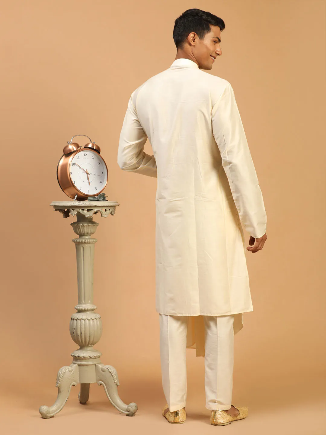 Jashvi Men's Cream Pleated Kurta With Cream Pant Style Pyjama Set