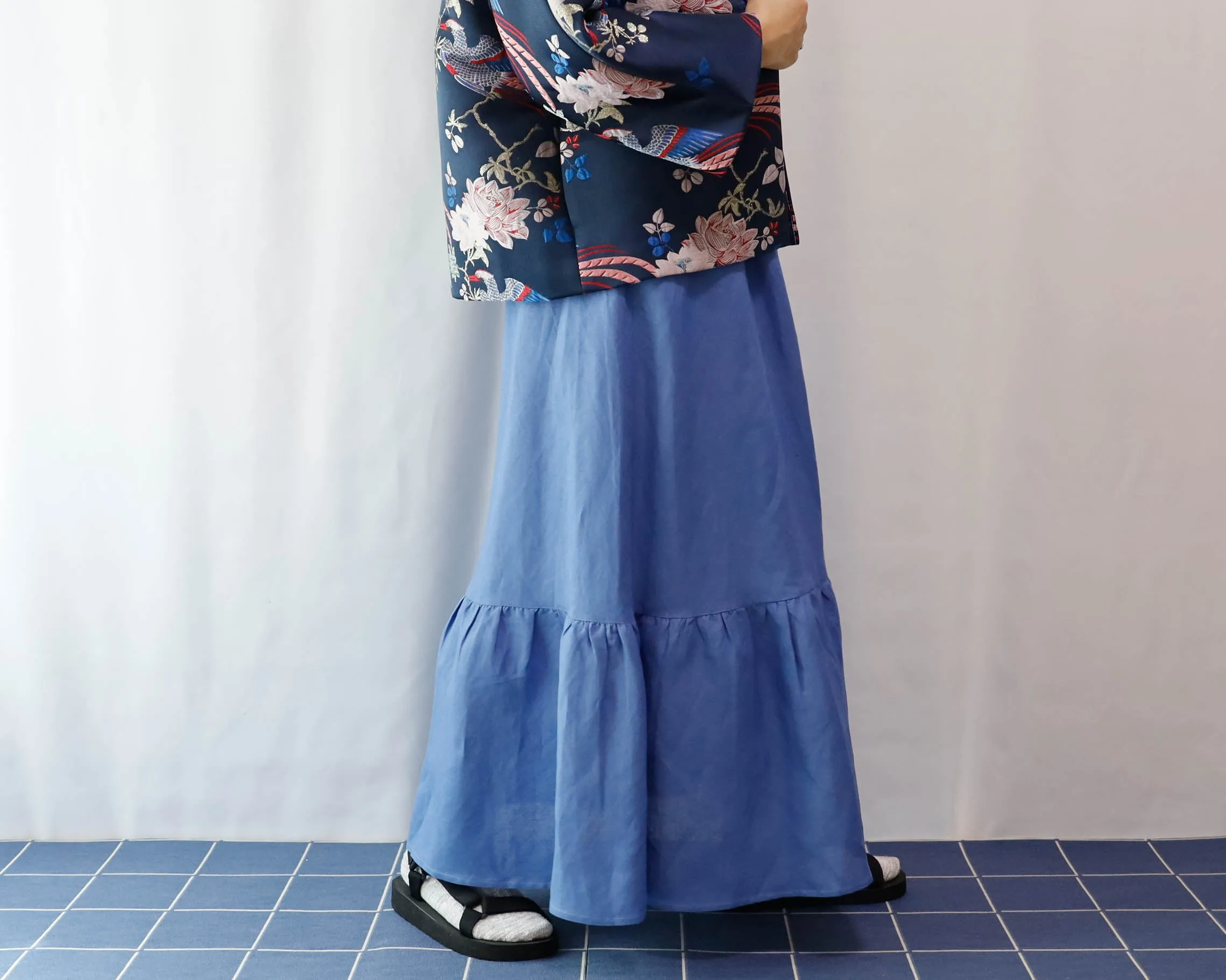 <S32B> LINEN RAYON  SKIRT Blue