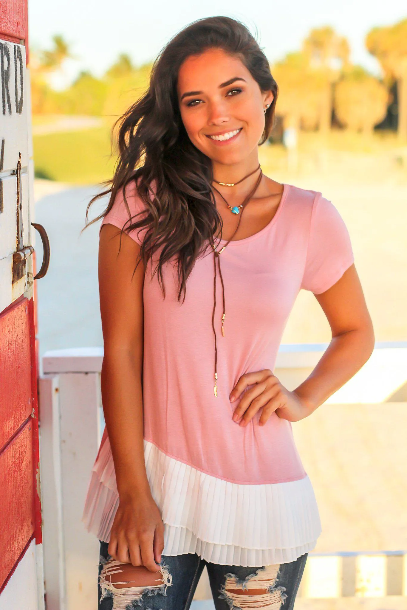 Mauve Short Sleeve Top with Pleated Hem