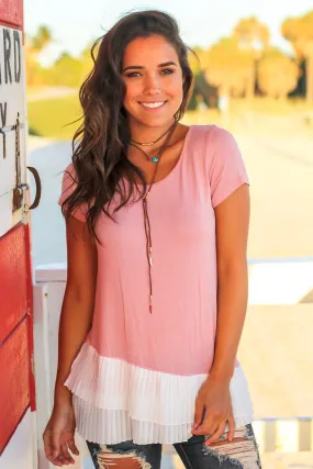 Mauve Short Sleeve Top with Pleated Hem
