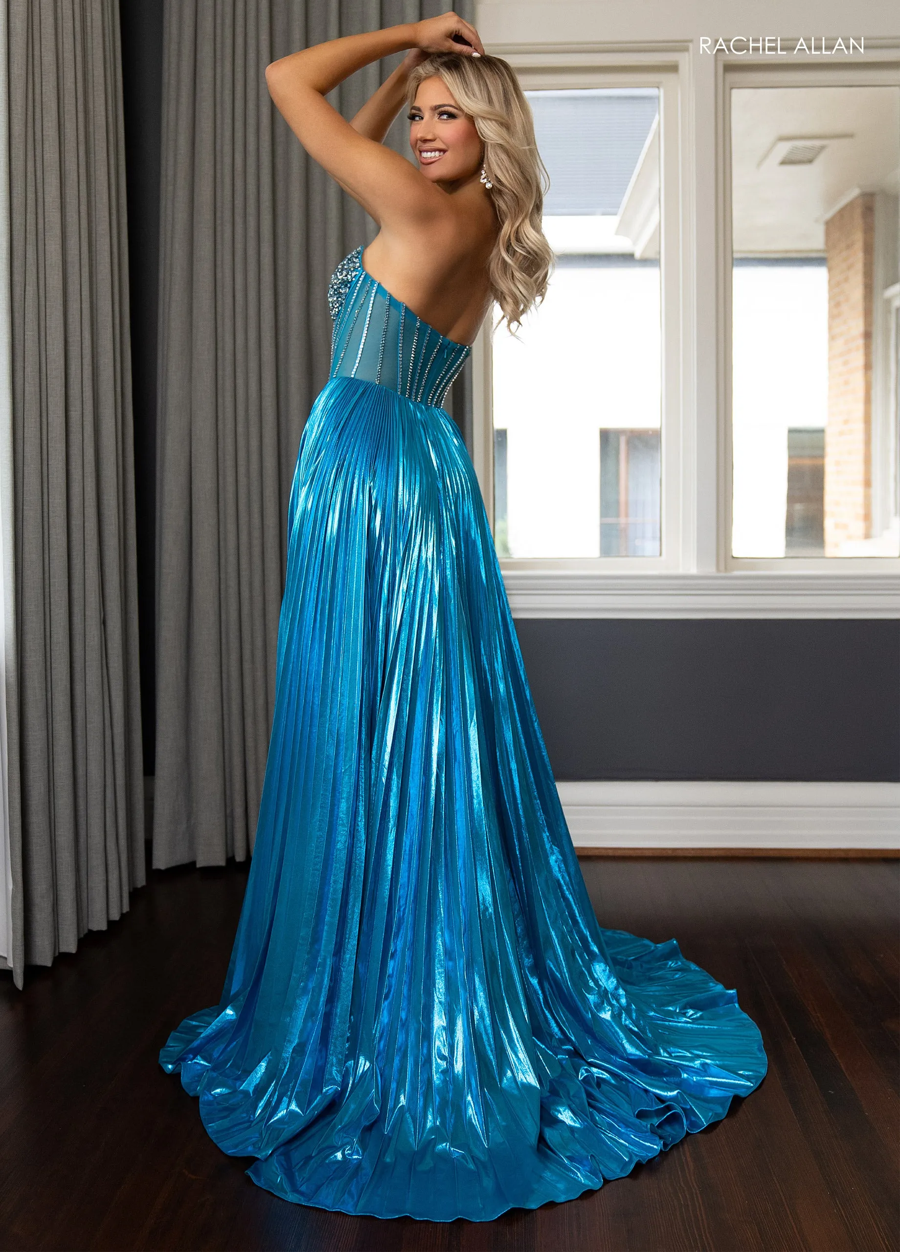 Metallic Strapless A-line Slit Gown by Rachel Allan 70709