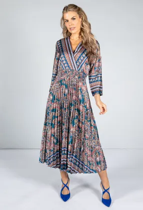 Silk Feeling Paisley Printed Midi Dress in Teal