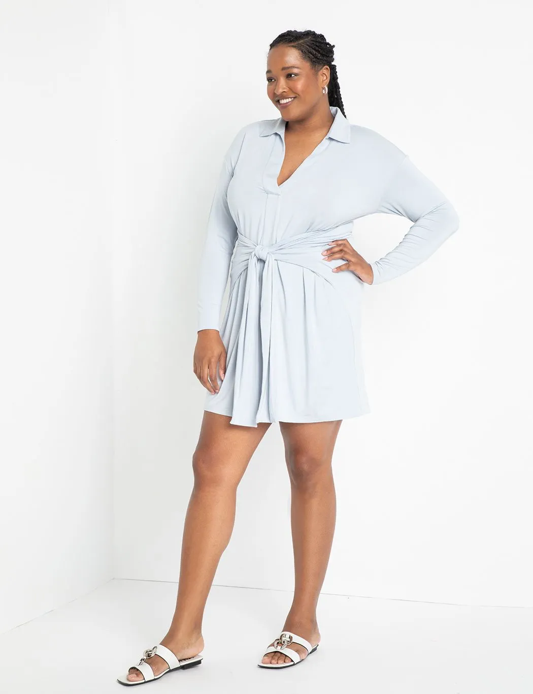 Tie Waist Collared Dress in Grey Dawn