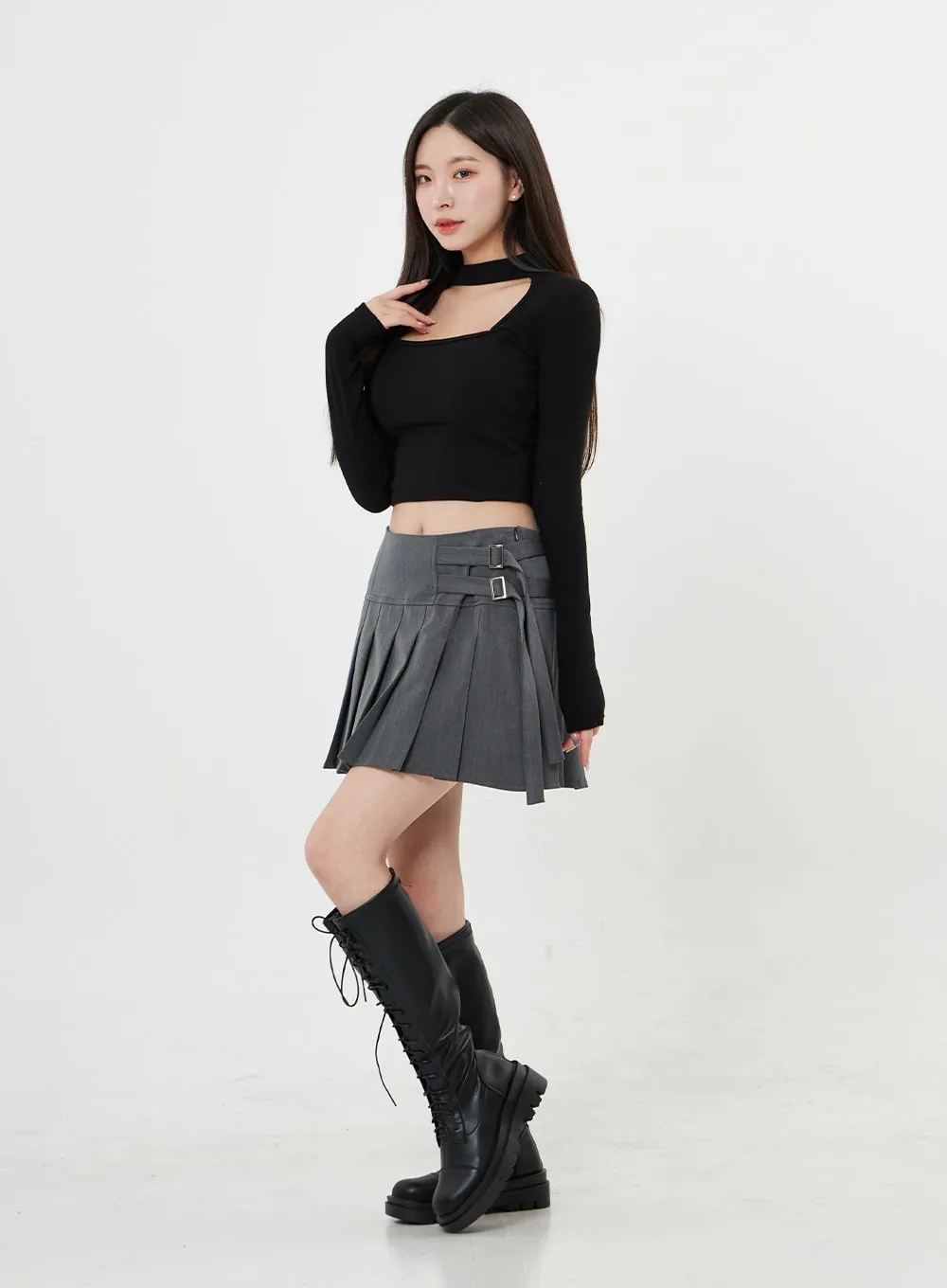 Two Side Belt Pleated Mini Skirt BO27