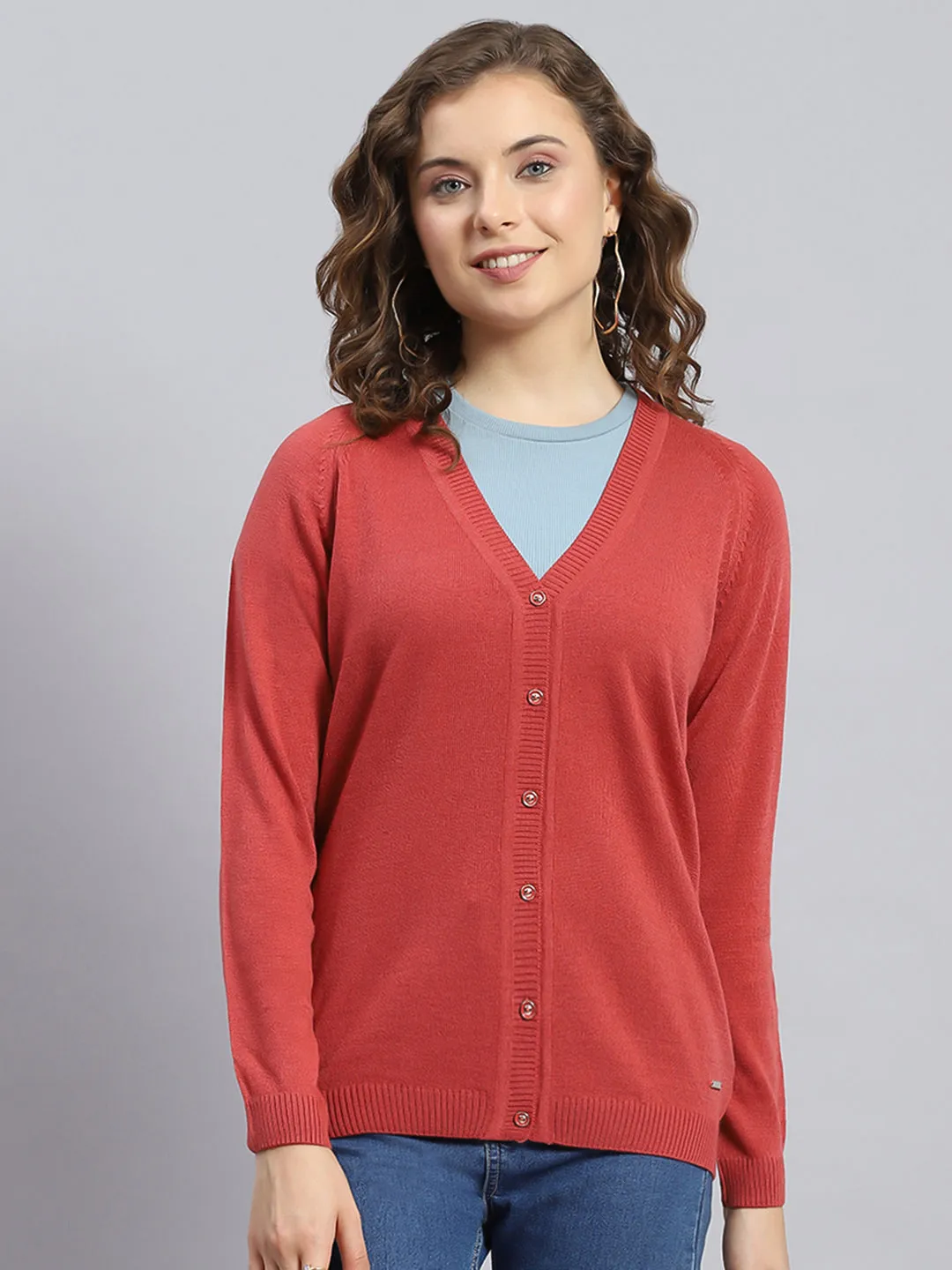 Women Rust Solid V Neck Full Sleeve Cardigans
